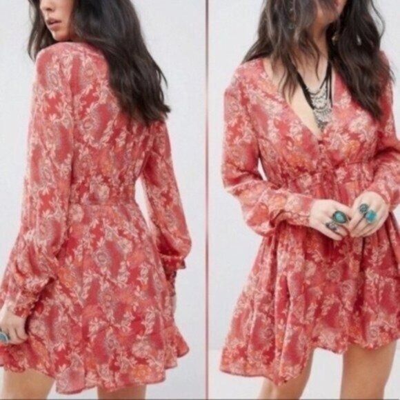 Free People Orange Floral Mini Tunic Dress Long Sleeve Deep VNeck - Picture 1 of 9